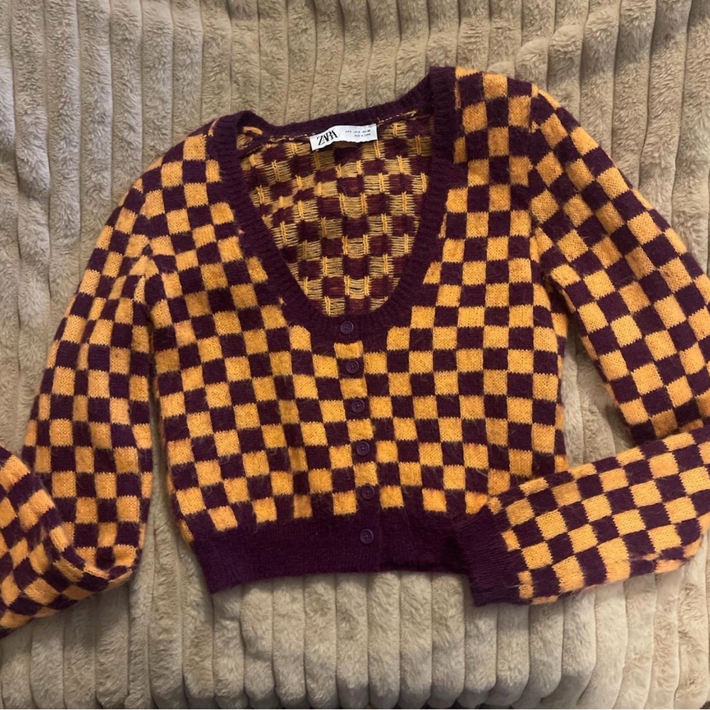 Zara Women's Purple and Yellow Checkered Cardigan